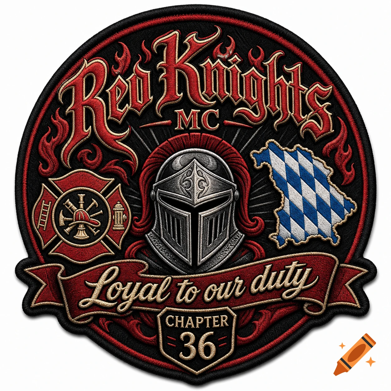 Embroidered patch for Red Knights MC Chapter 36, with a knight helmet, firefighter emblem, Bavarian map, and 'Loyal to our duty'.