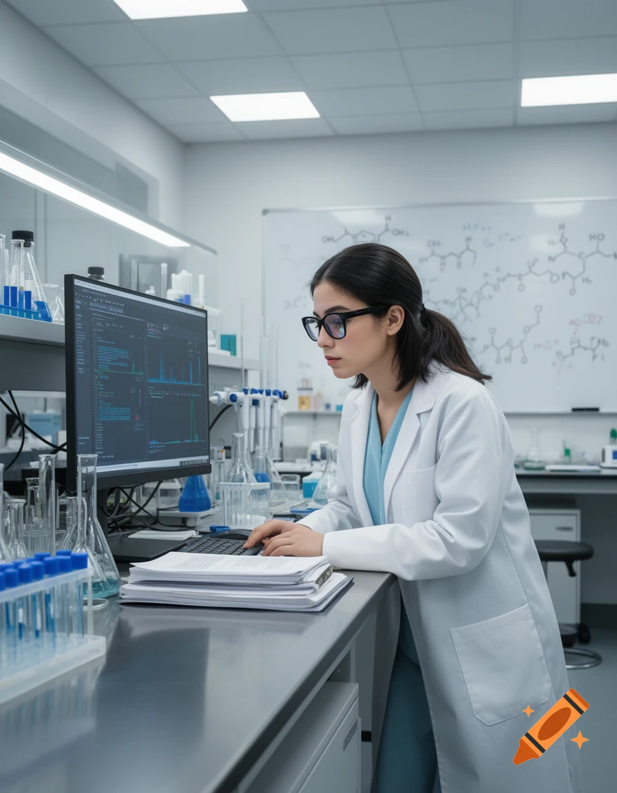 A young female scientist in a white lab coat and glasses works at a computer in a modern laboratory, surrounded by beakers and equipment.