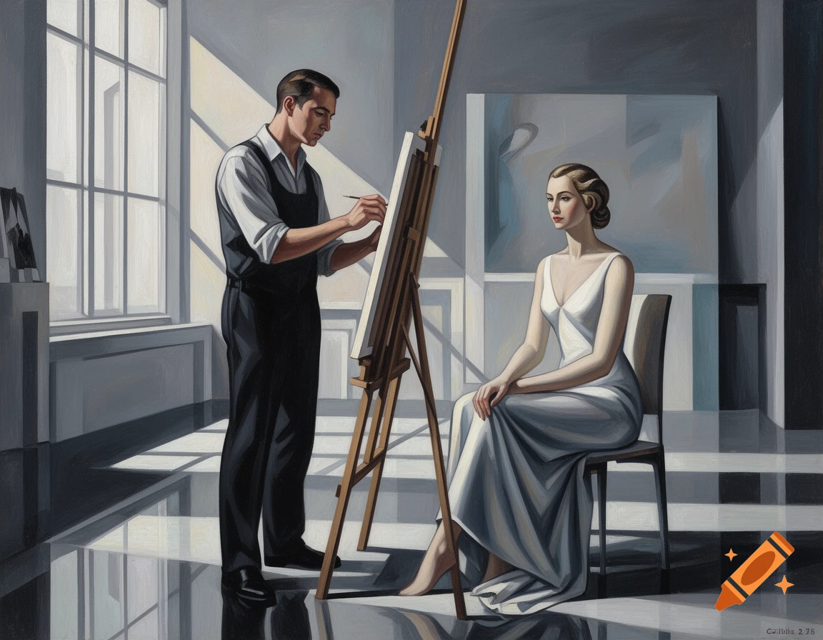 A male artist paints a female muse in a post-cubist, Art Deco style studio, reminiscent of Tamara de Lempicka and Alex Colville.