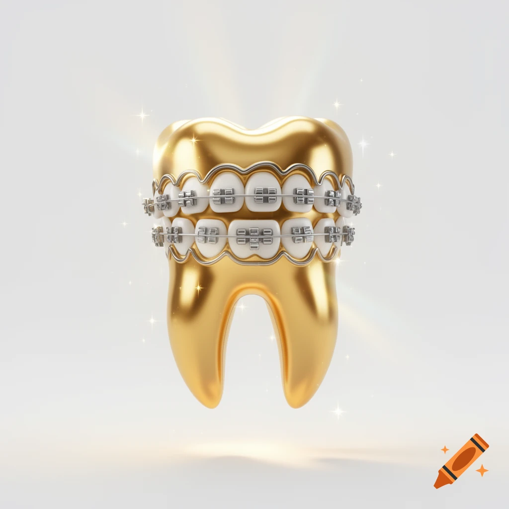 A sparkling 3D rendered golden tooth with silver braces on a white background.