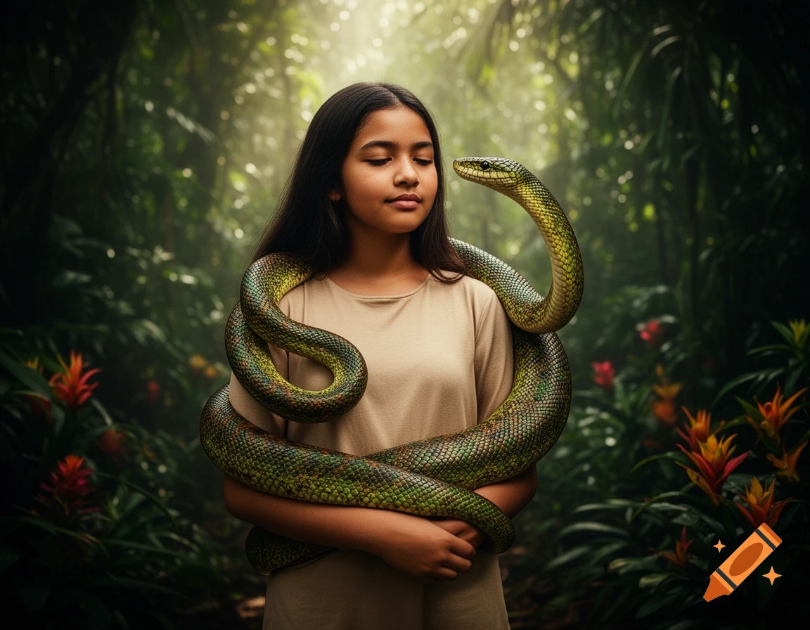 A young girl with long dark hair stands with a large green snake coiled around her shoulders in a lush, sunlit jungle.