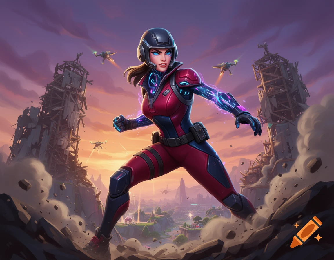 Female character in a red and blue futuristic suit with glowing accents, helmet, in an action pose amid a ruined landscape with drones and a distant city.