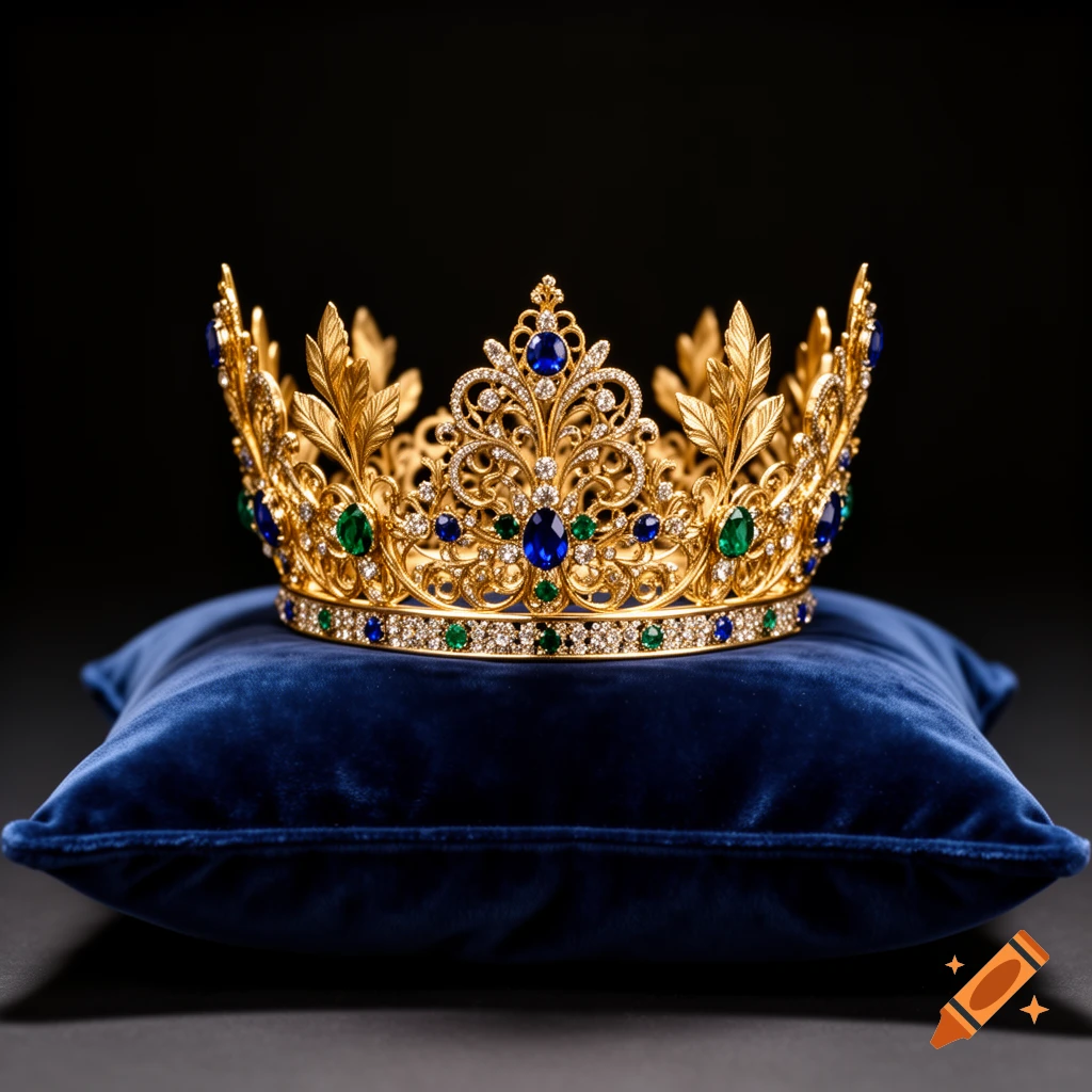 A golden crown adorned with blue and green gemstones rests on a royal blue velvet pillow.