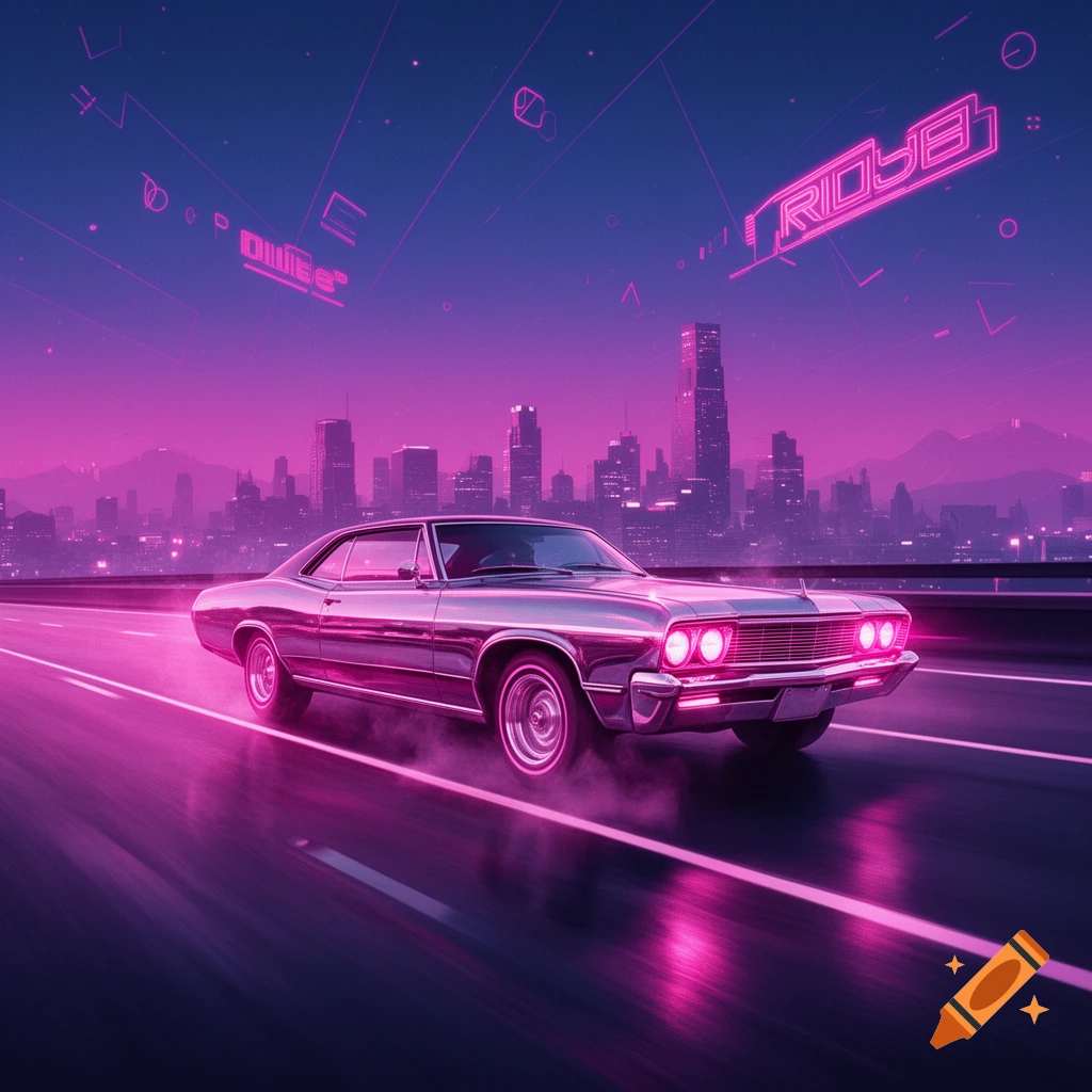A retro car speeds down a highway at night, lit by pink neon lights with a synthwave cityscape in the background.