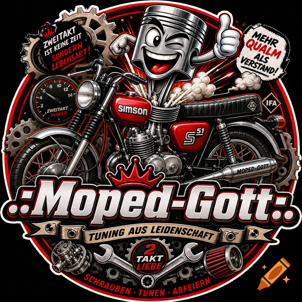 A vibrant, cartoon-style logo for 'Moped-Gott' featuring a red Simson motorcycle, a winking piston character, gears, and German text.