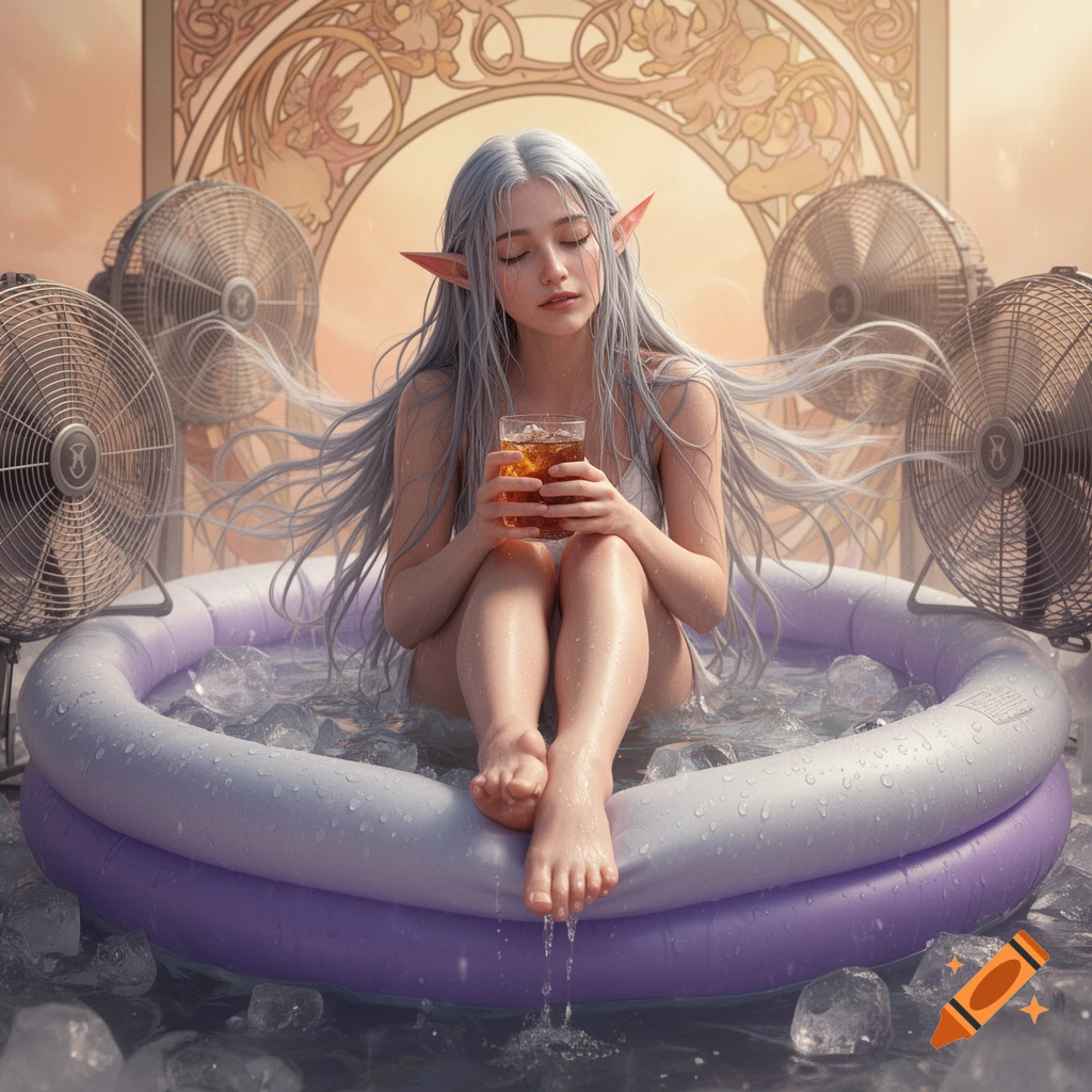 A beautiful elf with long silver hair sits in an inflatable pool filled with ice and water, holding iced tea, surrounded by fans.