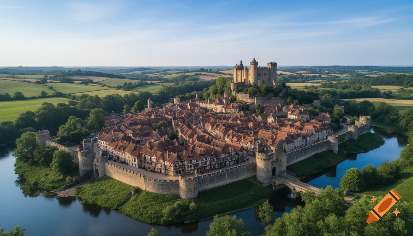 Photorealistic aerial view of a fortified medieval town with a prominent castle on a hill, surrounded by a river and green countryside.