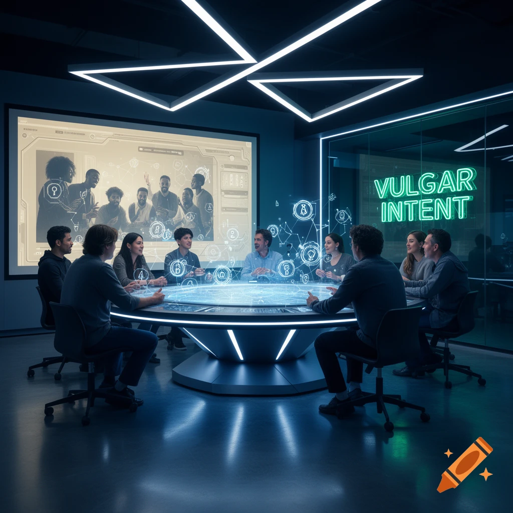 People in a futuristic, dark meeting room with glowing blue light on an interactive table and a green 'VULGAR INTENT' neon sign.