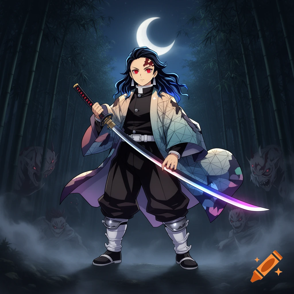 An anime warrior with dark hair and a glowing sword stands in a bamboo forest at night under a crescent moon, with ghostly demons in the background.