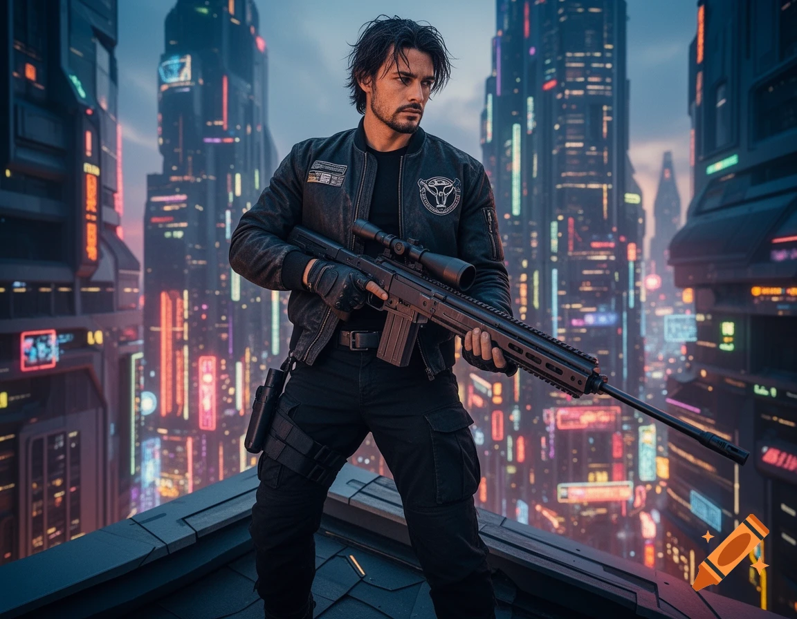 A dark-haired man with a goatee in a black bomber jacket holds a sci-fi sniper rifle on a futuristic rooftop overlooking a neon-lit city.