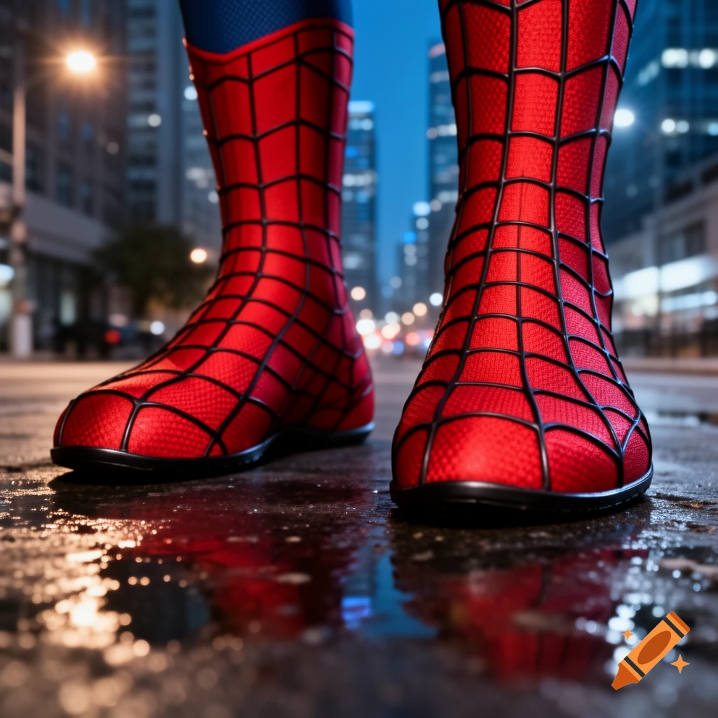 Close-up of Spiderman's red web-patterned feet on a wet city street at night, with blurred city lights in the background.