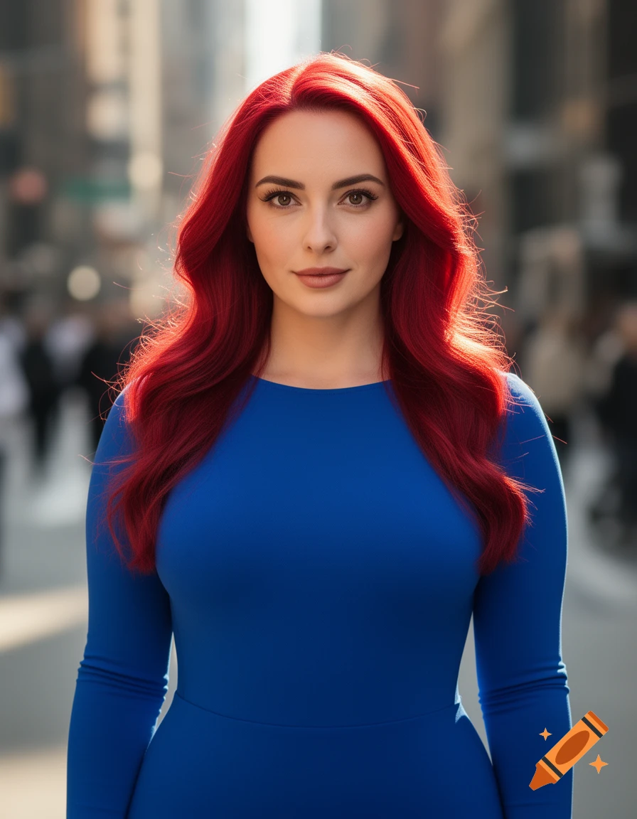 A photorealistic portrait of a woman with long red hair and a blue dress, standing on a city street.
