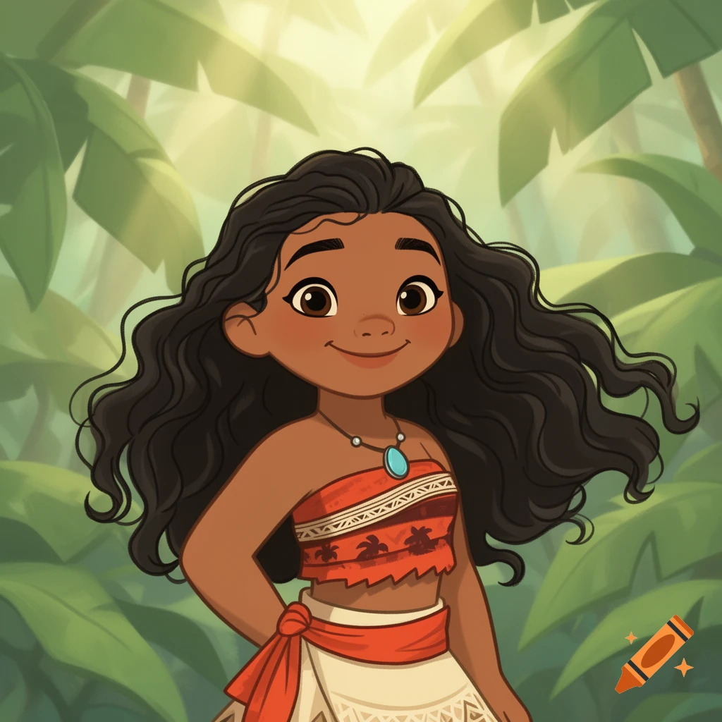 Cartoon Moana with big eyes and wavy dark hair, wearing a red patterned top and white skirt, standing in a jungle.