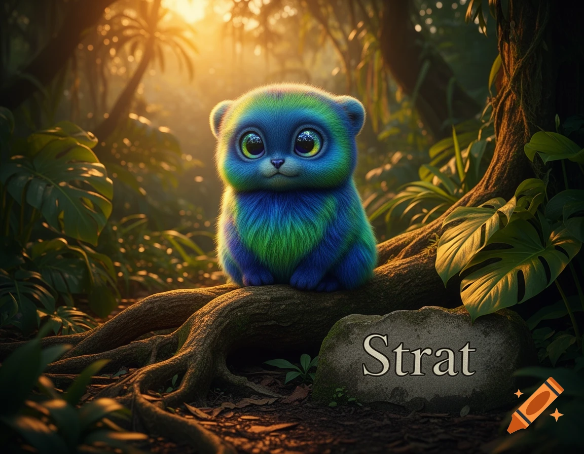 A cute, fluffy blue and green creature with large eyes sits on a tree root in a sunlit jungle, with 'Strat' on a rock.