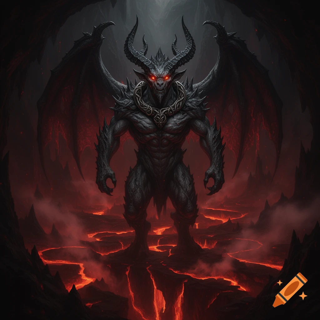 A powerful horned and winged demon with glowing red eyes stands in a dark, lava-filled cavern, depicted in a dark fantasy style.