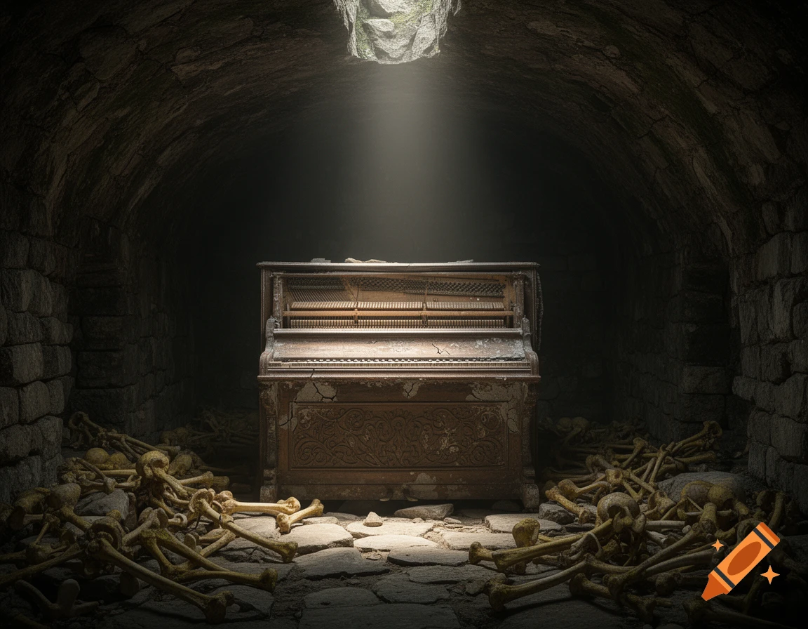 An old, derelict piano bathed in a ray of light, surrounded by piles of bones in a dark, stone crypt.