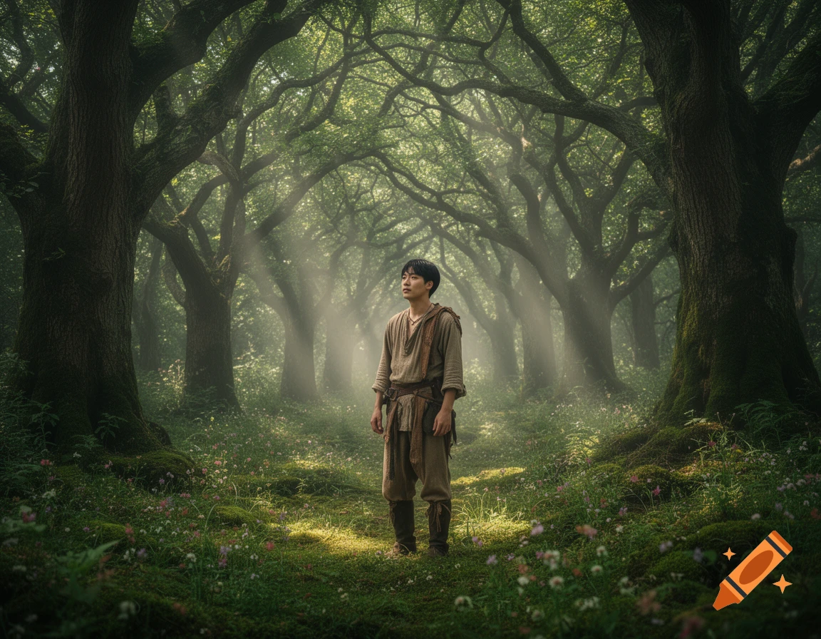 A young man in rustic clothing stands in a sunlit, misty fantasy forest with tall trees and mossy ground.