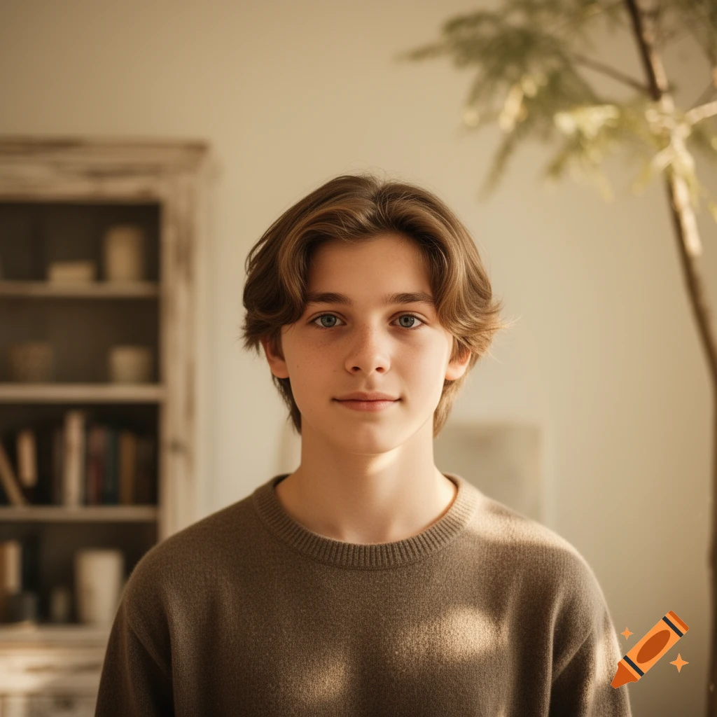Photorealistic portrait of a young person with brown hair and blue eyes, looking forward in a softly lit indoor setting.
