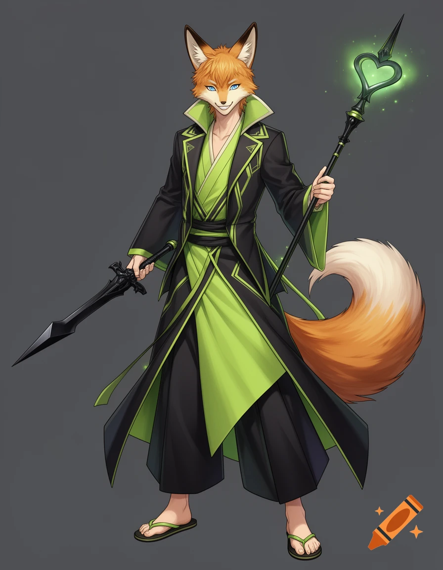 A confident male kitsune character in anime style, wearing black and lime green modern mage clothes and thongs, holding a black sword and a glowing green heart-tipped staff.