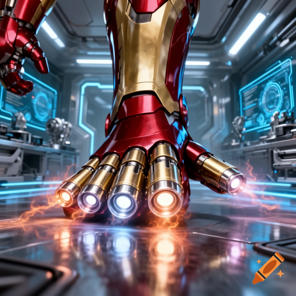 Close-up of Iron Man's metallic red and gold armored foot with glowing toe blasters, standing in a futuristic lab with energy sparks.
