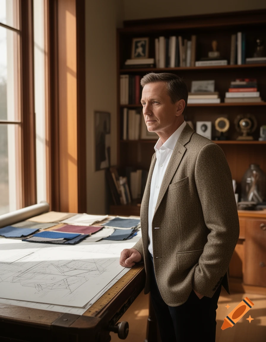 A man in a tweed jacket stands next to a drafting table with blueprints and fabric samples, looking out a large window.