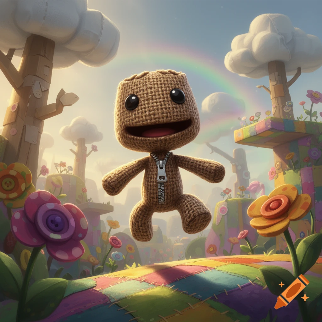 Sackboy floats above a colorful patchwork path in a whimsical landscape with button flowers and a rainbow.