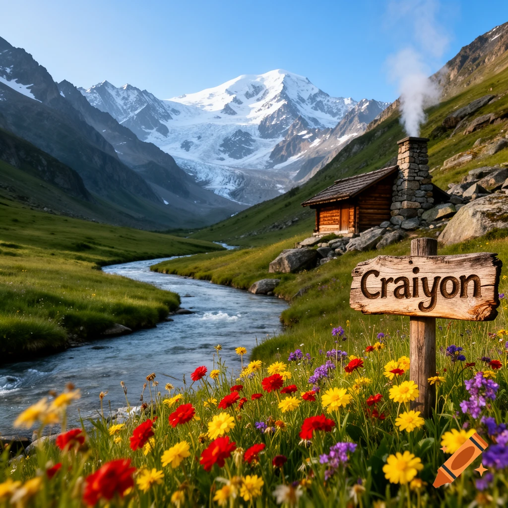 A picturesque mountain valley features a winding river, a rustic cabin, and colorful wildflowers, with a sign reading 'Craiyon'.