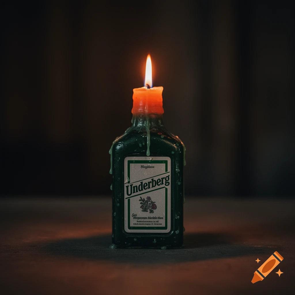 A dark green Underberg bottle with an orange candle on top, dripping wax, and a glowing flame in a dim setting.