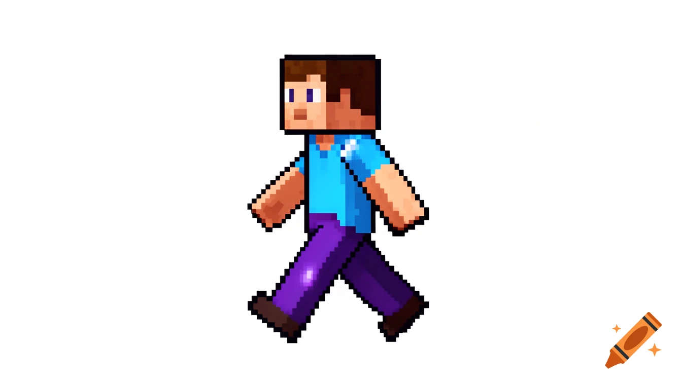 Pixel art of the Minecraft character Steve, wearing a blue shirt and purple pants, walking to the right.