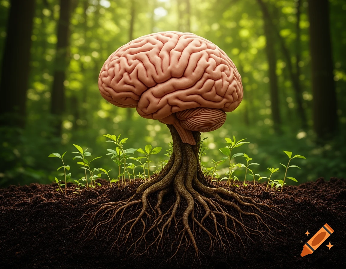 A photorealistic image of a human brain with tree roots, planted in soil with sprouts, against a blurred green forest background.