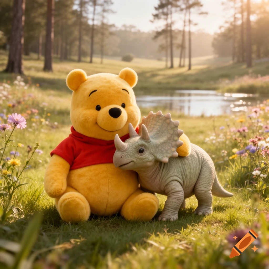 Winnie the Pooh sits with his arm around a baby triceratops in a sunny, flower-filled meadow by a pond.