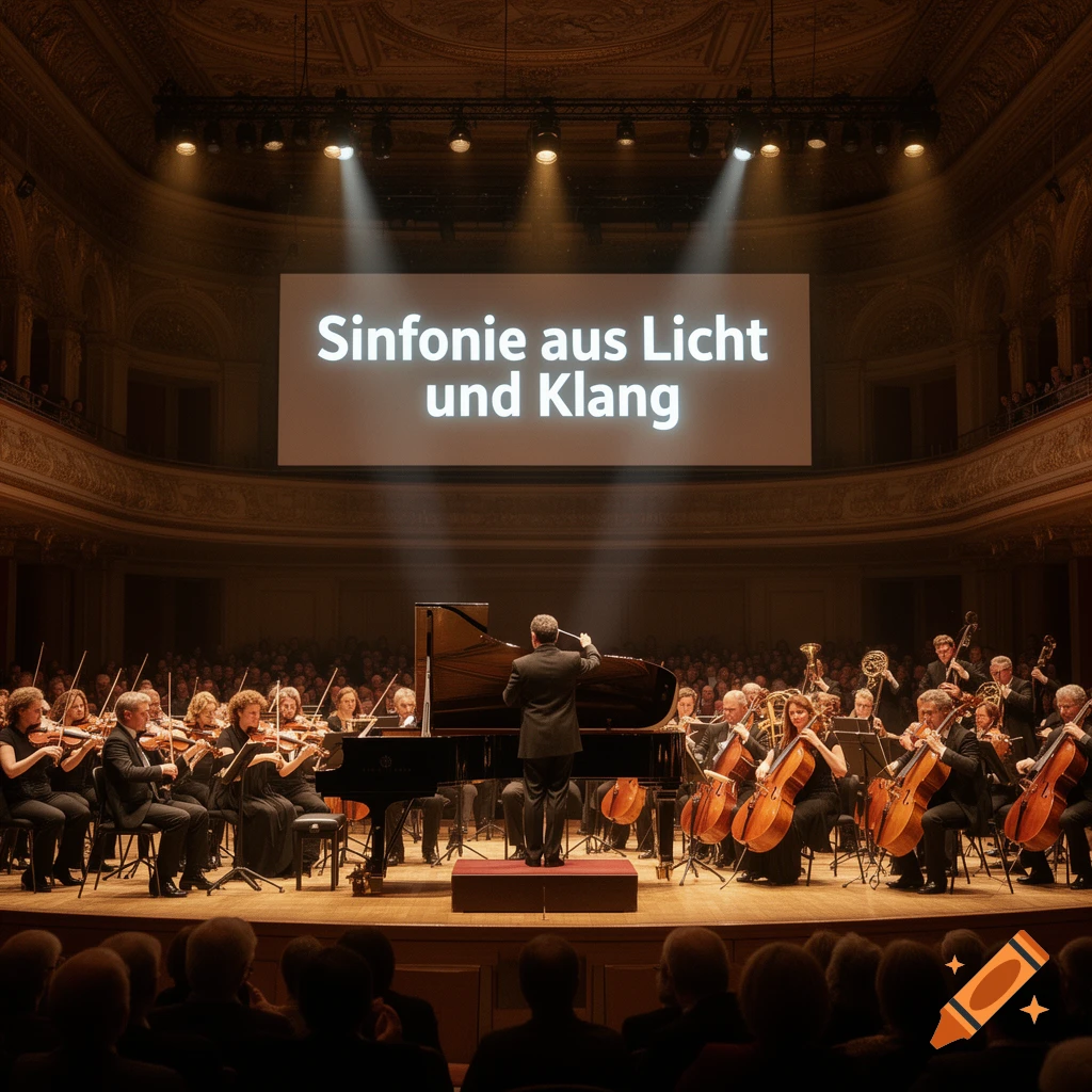 A conductor leads an orchestra on stage in a grand concert hall, with a screen displaying "Sinfonie aus Licht und Klang" above.