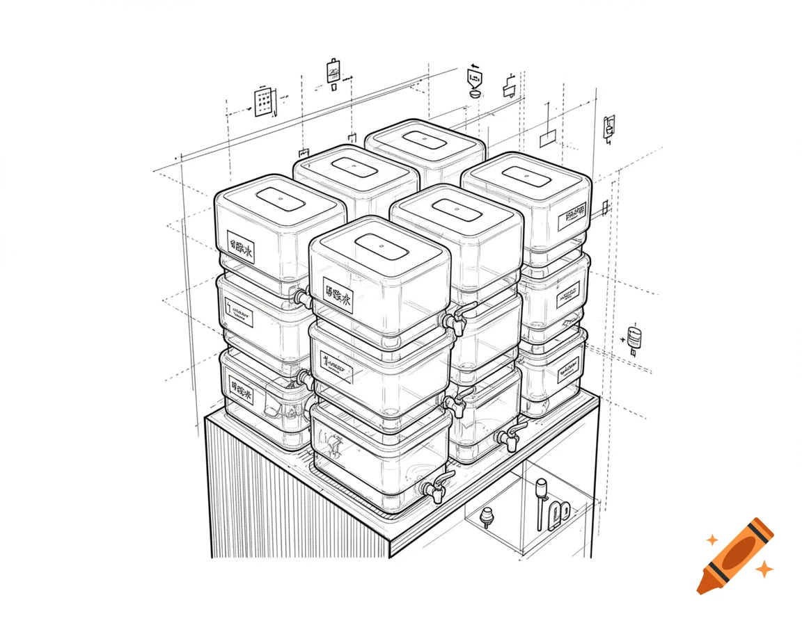 A technical line drawing illustration of a modular emergency water storage system with stacked clear containers.