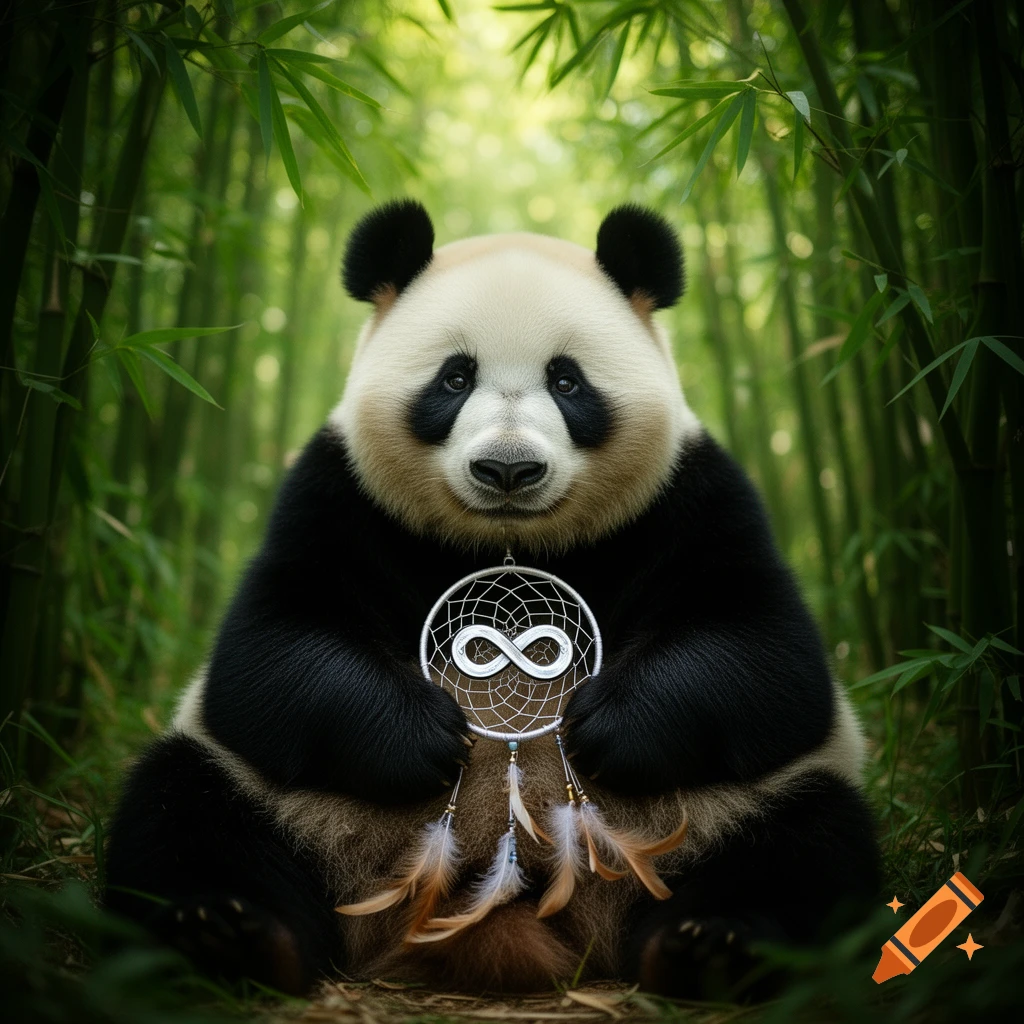 A photorealistic panda sits in a lush bamboo forest, holding a dreamcatcher featuring an infinity symbol.