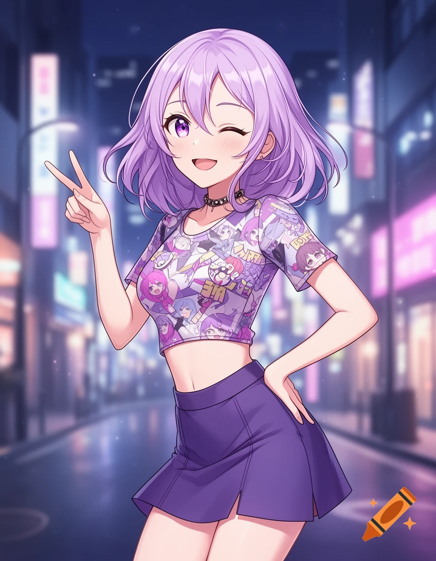 An anime girl with purple hair winks and makes a peace sign on a city street at night. She wears a crop top and a purple skirt.
