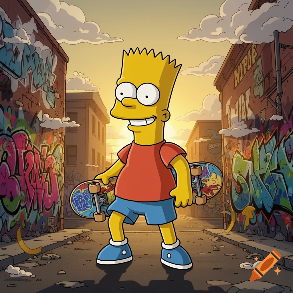 Bart Simpson in a red shirt and blue shorts, holding a skateboard, stands smiling in a graffiti-covered alley at sunset. Cartoon style.