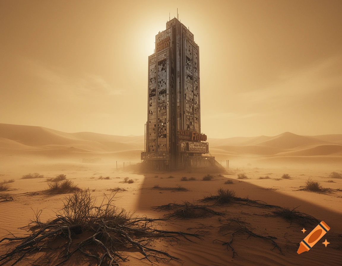 A tall, ruined dystopian building stands in the middle of a vast, dusty desert under a hazy, orange sky.
