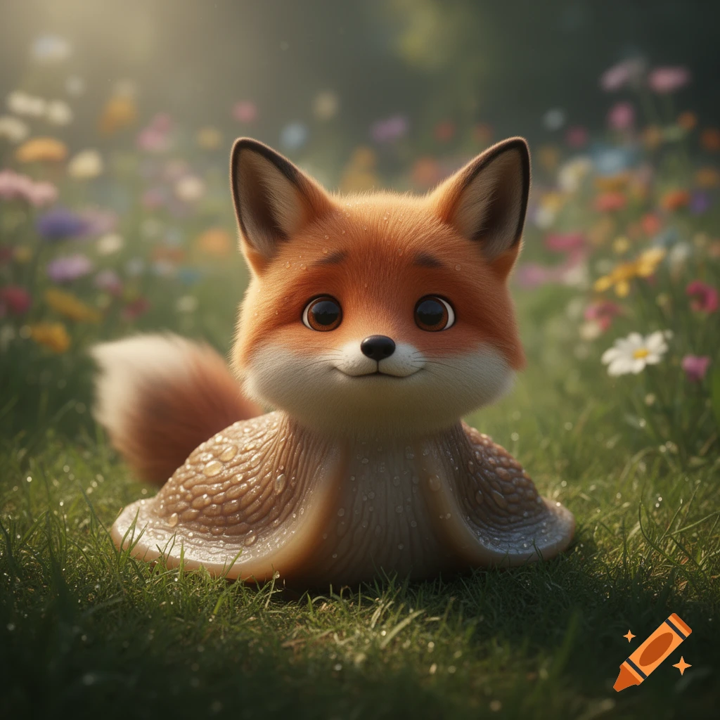 A cute, cartoonish fox-slug hybrid with big eyes sits in a grassy meadow with wildflowers and dew drops.