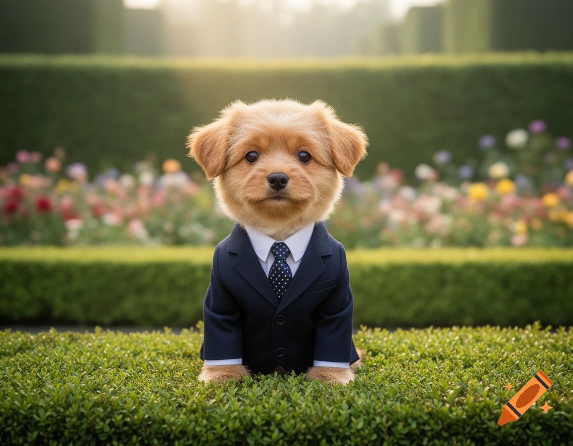 A photorealistic fluffy brown puppy wearing a dark blue suit and polka dot tie, sitting in manicured green hedges in a sunny garden.
