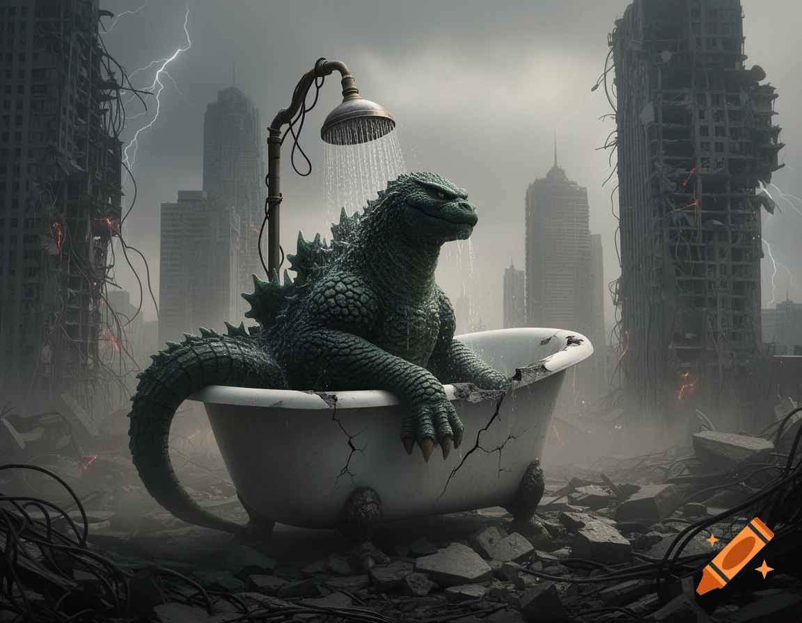 Godzilla bathes in a broken tub with a shower in a highly detailed, destroyed city under a stormy, lightning-filled sky.