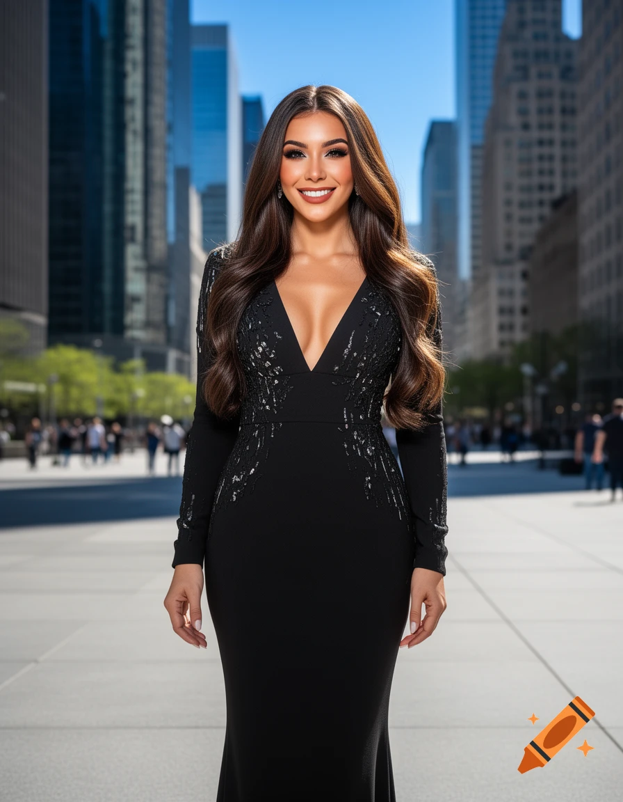 A smiling woman with long brown hair, wearing a black, deep V-neck gown, stands in a city square with tall buildings in the background.