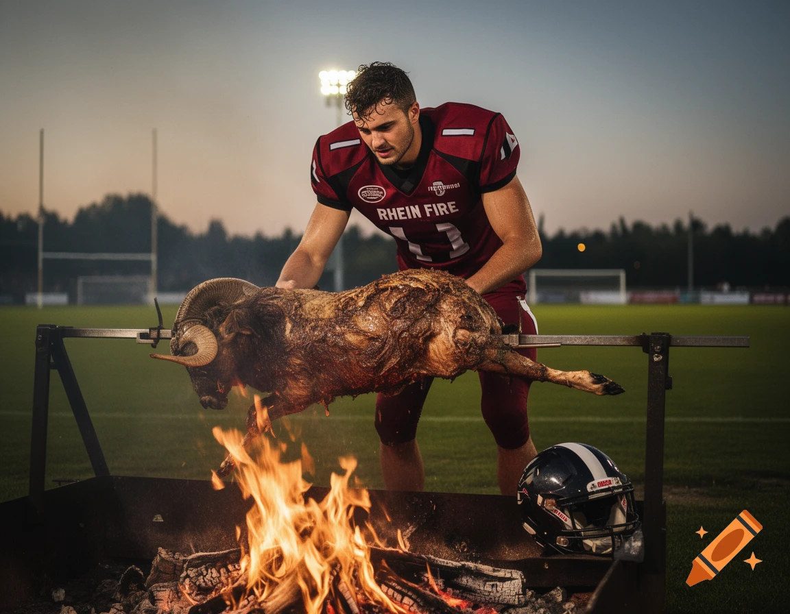A football player in a red Rhein Fire jersey grills a whole roasted ram over an open fire on a football field at dusk.