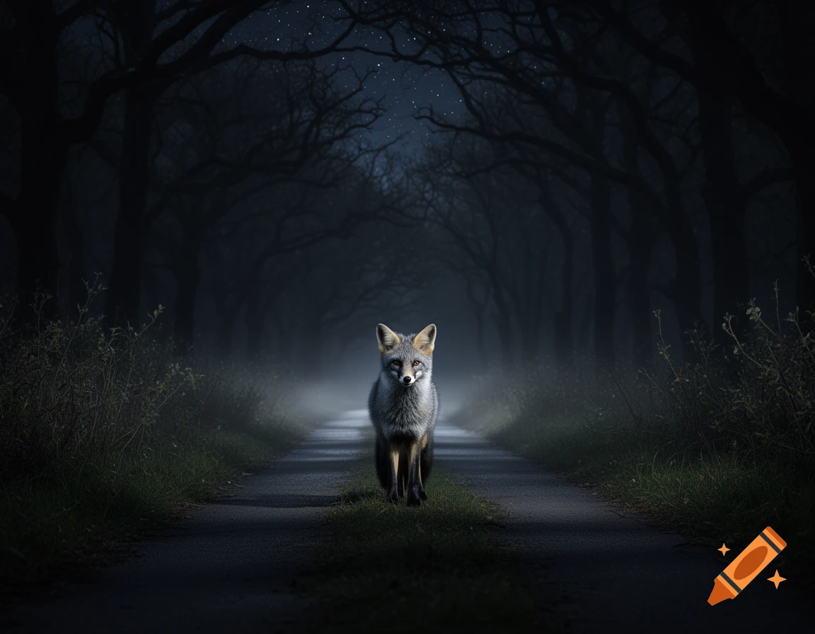 A grey fox stands on a dark, misty road leading into a forest at night, with starry sky visible above.