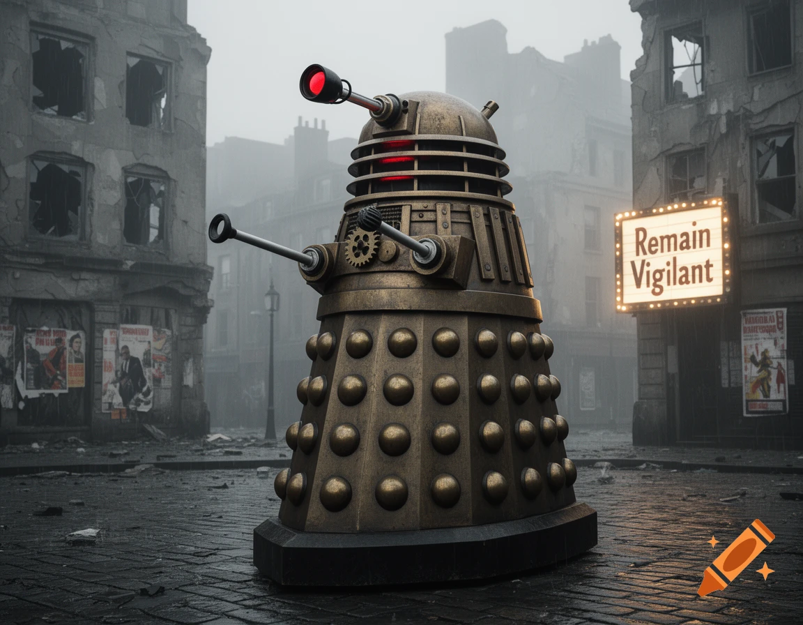A bronze Dalek stands on wet cobblestones in a foggy, war-torn city with ruined buildings and a glowing 'Remain Vigilant' sign.