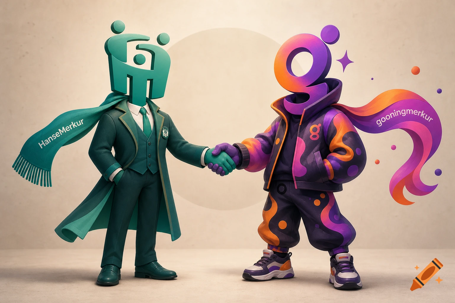 Two stylized characters, one a green corporate mascot in a suit with 'HanseMerkur' on its scarf, the other a vibrant 'g' character in a hoodie with 'gooningmerkur' on its scarf, shake hands.