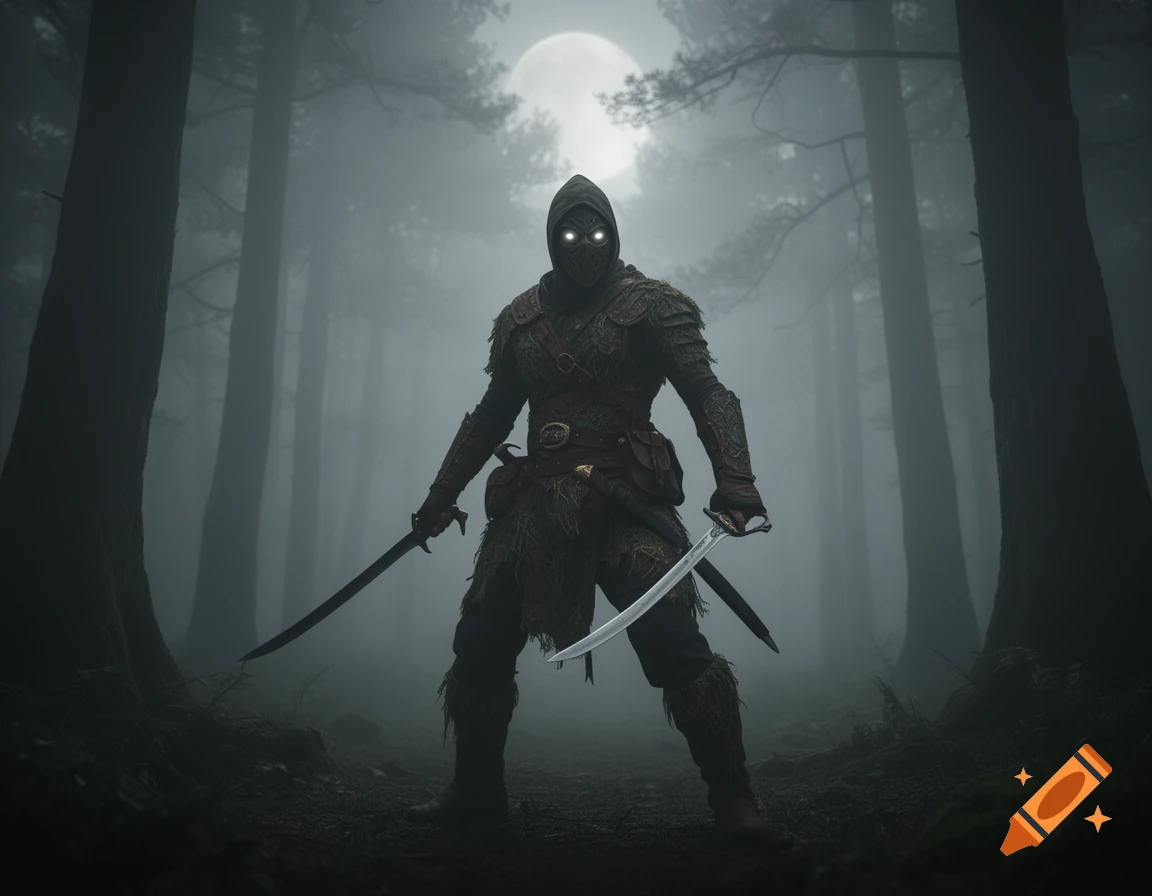 A masked fantasy ranger with glowing eyes stands in a dark, misty forest, holding a scimitar and a sword under a full moon.