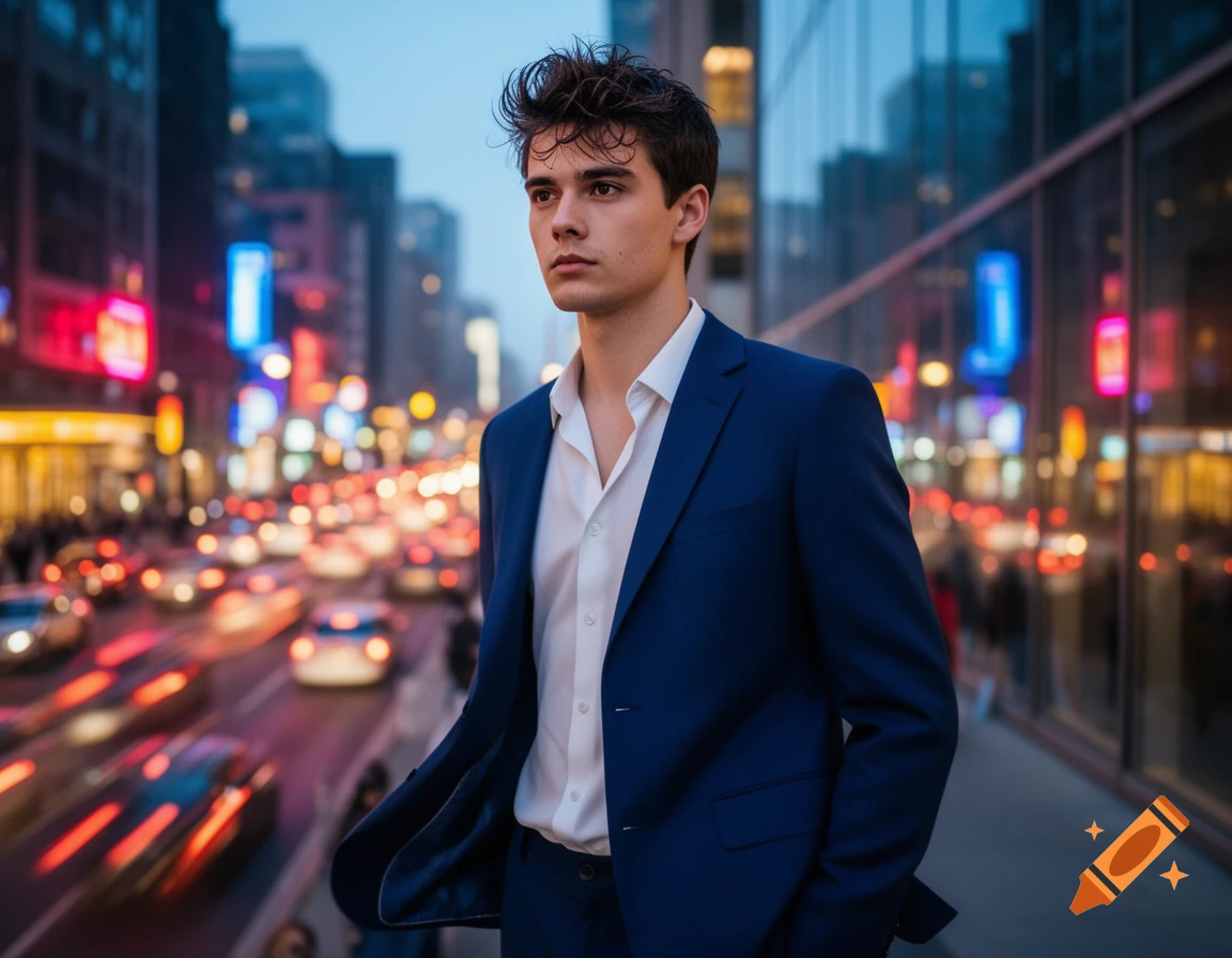 A sharply dressed man in a blue suit and white shirt stands on a city street at dusk, with blurred traffic lights and buildings in the background.