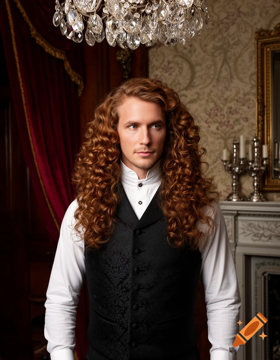 A man with long, curly auburn hair wears a white shirt and black patterned waistcoat, standing under a crystal chandelier.
