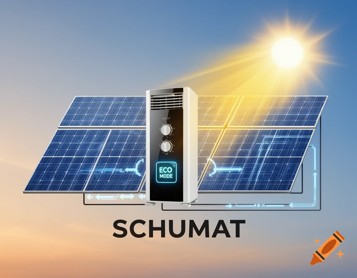 A diagram shows a white air conditioning unit connected to solar panels under a bright sun, with "ECO MODE" displayed.