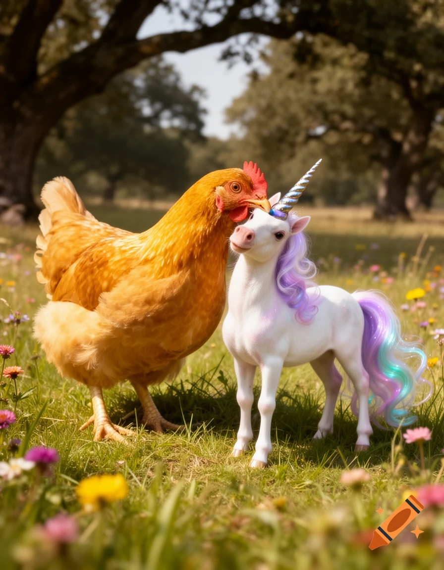 A photorealistic image of a brown chicken gently nuzzling a white unicorn with a rainbow mane and horn in a field of wildflowers.